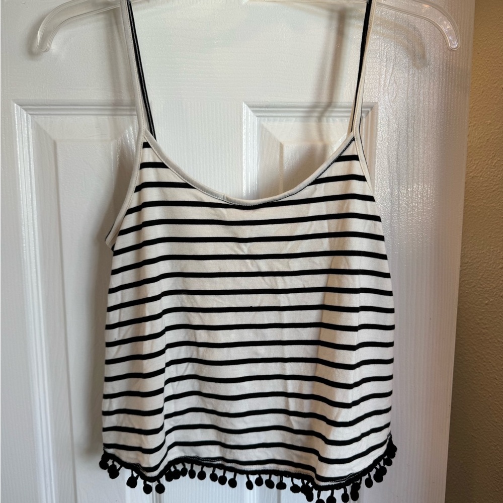 4/$15 Charlotte Russe Black and White Striped Camisole with Pompom Trim XS